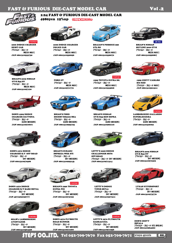 アメリカ輸入のミニカー
JADA TOYSのミニカー
ワイルドスピードのミニカー
FAST & FURIOUSのミニカー
