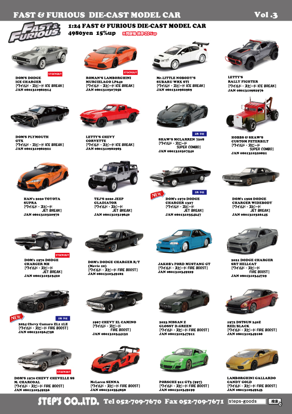 アメリカ輸入のミニカー
JADA TOYSのミニカー
ワイルドスピードのミニカー
FAST & FURIOUSのミニカー